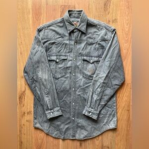 VTG Harley Davidson Pearl Snap Heavy Gray Denim Men’s M Western Long Sleeve